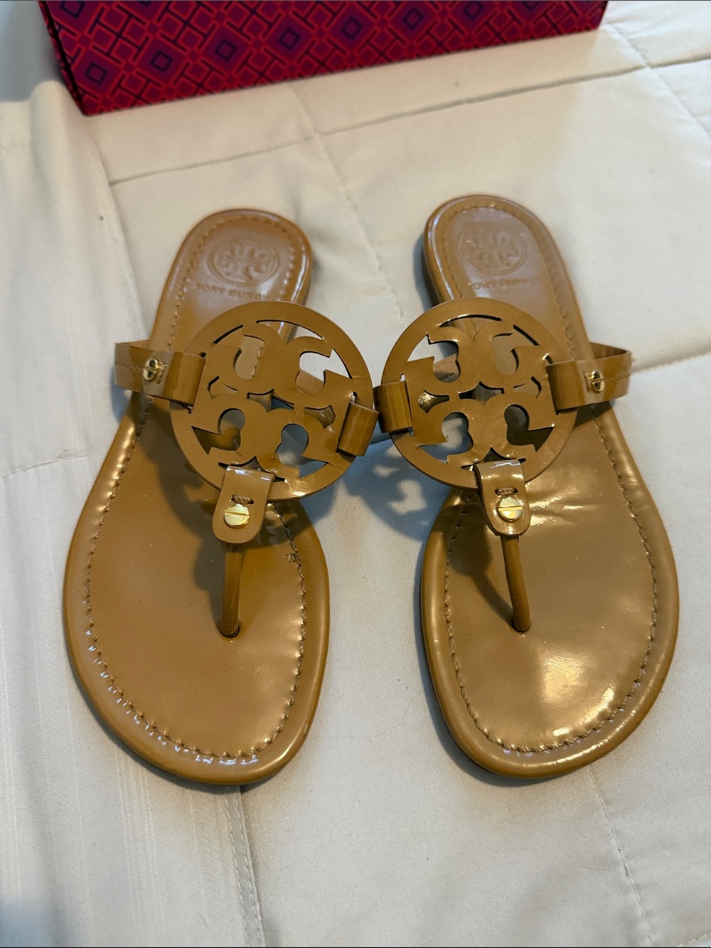 Tory Burch Tan Patent Logo Thong Sandals